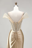 Champagne Mermaid Corset Rhinestone Satin Ruched Long Ball Dress with Slit