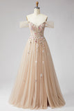Glitter Off the Shoulder Champagne Sequins Corset A-Line Tulle Long Prom Dress with Appliques