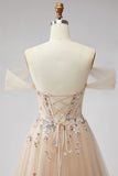 Glitter Off the Shoulder Champagne Sequins Corset A-Line Tulle Long Prom Dress with Appliques