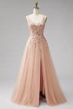 Champagne V-Neck 3D Floral Appliques Tulle Sequins A-Line Maxi Ball Dress with Slit