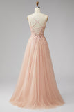 Champagne V-Neck 3D Floral Appliques Tulle Sequins A-Line Maxi Ball Dress with Slit