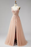 Champagne V-Neck 3D Floral Appliques Tulle Sequins A-Line Maxi Ball Dress with Slit