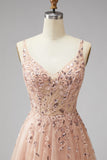 Champagne V-Neck 3D Floral Appliques Tulle Sequins A-Line Maxi Ball Dress with Slit