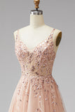 Champagne V-Neck 3D Floral Appliques Tulle Sequins A-Line Maxi Ball Dress with Slit