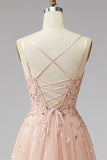 Champagne V-Neck 3D Floral Appliques Tulle Sequins A-Line Maxi Ball Dress with Slit