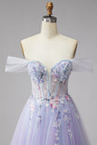 Sparkly Off the Shoulder Lilac Corset Embroidery Pearls Tulle Long Prom Dress with Slit
