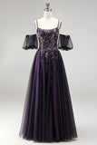Dark Purple Rhinestone Appliques A-Line Glitter Long Ball Dress with Puff Sleeves
