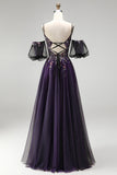 Dark Purple Rhinestone Appliques A-Line Glitter Long Ball Dress with Puff Sleeves