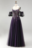 Dark Purple Rhinestone Appliques A-Line Glitter Long Ball Dress with Puff Sleeves