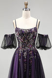 Dark Purple Rhinestone Appliques A-Line Glitter Long Ball Dress with Puff Sleeves