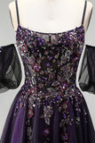 Dark Purple Rhinestone Appliques A-Line Glitter Long Ball Dress with Puff Sleeves