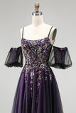Dark Purple Rhinestone Appliques A-Line Glitter Long Ball Dress with Puff Sleeves