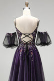 Dark Purple Rhinestone Appliques A-Line Glitter Long Ball Dress with Puff Sleeves