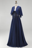 Navy Corset Chiffon A-Line Spaghetti Straps Long Mother Of the Bride Dress with Cape