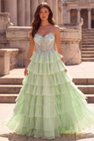 Tiered Ruffled Light Green Chiffon A-Line 3D Appliques Corset Rhinestone Long Ball Dress