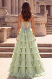 Tiered Ruffled Light Green Chiffon A-Line 3D Appliques Corset Rhinestone Long Ball Dress