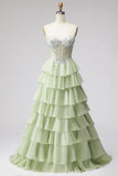 Tiered Ruffled Light Green Chiffon A-Line 3D Appliques Corset Rhinestone Long Ball Dress