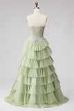 Tiered Ruffled Light Green Chiffon A-Line 3D Appliques Corset Rhinestone Long Ball Dress