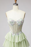 Tiered Ruffled Light Green Chiffon A-Line 3D Appliques Corset Rhinestone Long Ball Dress
