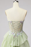 Tiered Ruffled Light Green Chiffon A-Line 3D Appliques Corset Rhinestone Long Ball Dress