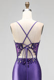 Glitter Mermaid Sequins Corset Ruched Satin Long Purple Prom Dress with Slit