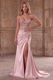 Pink Corset Sheer Mermaid Beaded Sequins Pearls Ruched Satin Long Ball Dress with Slit