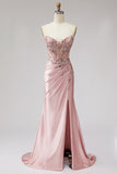 Pink Corset Sheer Mermaid Beaded Sequins Pearls Ruched Satin Long Ball Dress with Slit