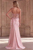 Pink Corset Sheer Mermaid Beaded Sequins Pearls Ruched Satin Long Ball Dress with Slit