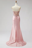 Pink Corset Sheer Mermaid Beaded Sequins Pearls Ruched Satin Long Ball Dress with Slit