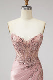 Pink Corset Sheer Mermaid Beaded Sequins Pearls Ruched Satin Long Ball Dress with Slit