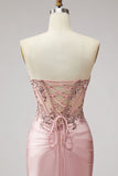Pink Corset Sheer Mermaid Beaded Sequins Pearls Ruched Satin Long Ball Dress with Slit