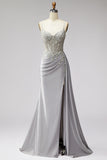 Light Grey Corset Satin Pearls Rhinestones Mermaid Prom Dress with Draping