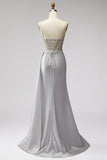 Light Grey Corset Satin Pearls Rhinestones Mermaid Prom Dress with Draping