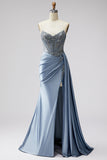 Blue Corset Sheer V-Neck Satin Ruched Rhinestone Strapless Long Ball Dress with Slit