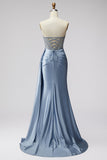 Blue Corset Sheer V-Neck Satin Ruched Rhinestone Strapless Long Ball Dress with Slit