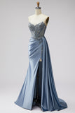 Blue Corset Sheer V-Neck Satin Ruched Rhinestone Strapless Long Ball Dress with Slit