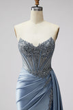 Blue Corset Sheer V-Neck Satin Ruched Rhinestone Strapless Long Ball Dress with Slit