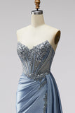 Blue Corset Sheer V-Neck Satin Ruched Rhinestone Strapless Long Ball Dress with Slit