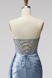 Blue Corset Sheer V-Neck Satin Ruched Rhinestone Strapless Long Ball Dress with Slit