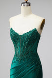 Glitter Dark Green Mermaid Corset Sequins Satin Strapless Long Prom Dress with Beading