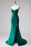 Glitter Dark Green Mermaid Corset Sequins Satin Strapless Long Prom Dress with Beading