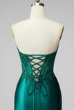 Glitter Dark Green Mermaid Corset Sequins Satin Strapless Long Prom Dress with Beading