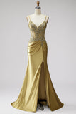 Golden Mermaid Corset Satin Rhinestone Ruched Long Ball Dress with Slit