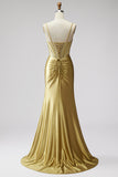 Golden Mermaid Corset Satin Rhinestone Ruched Long Ball Dress with Slit