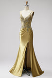 Golden Mermaid Corset Satin Rhinestone Ruched Long Ball Dress with Slit