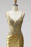 Golden Mermaid Corset Satin Rhinestone Ruched Long Ball Dress with Slit