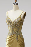 Golden Mermaid Corset Satin Rhinestone Ruched Long Ball Dress with Slit