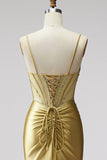 Golden Mermaid Corset Satin Rhinestone Ruched Long Ball Dress with Slit