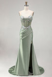 Light Green 3D Floral Appliques Corset Sheer Ruched Satin Rhinestone Long Ball Dress with Slit