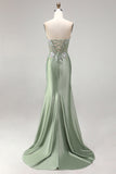 Light Green 3D Floral Appliques Corset Sheer Ruched Satin Rhinestone Long Ball Dress with Slit